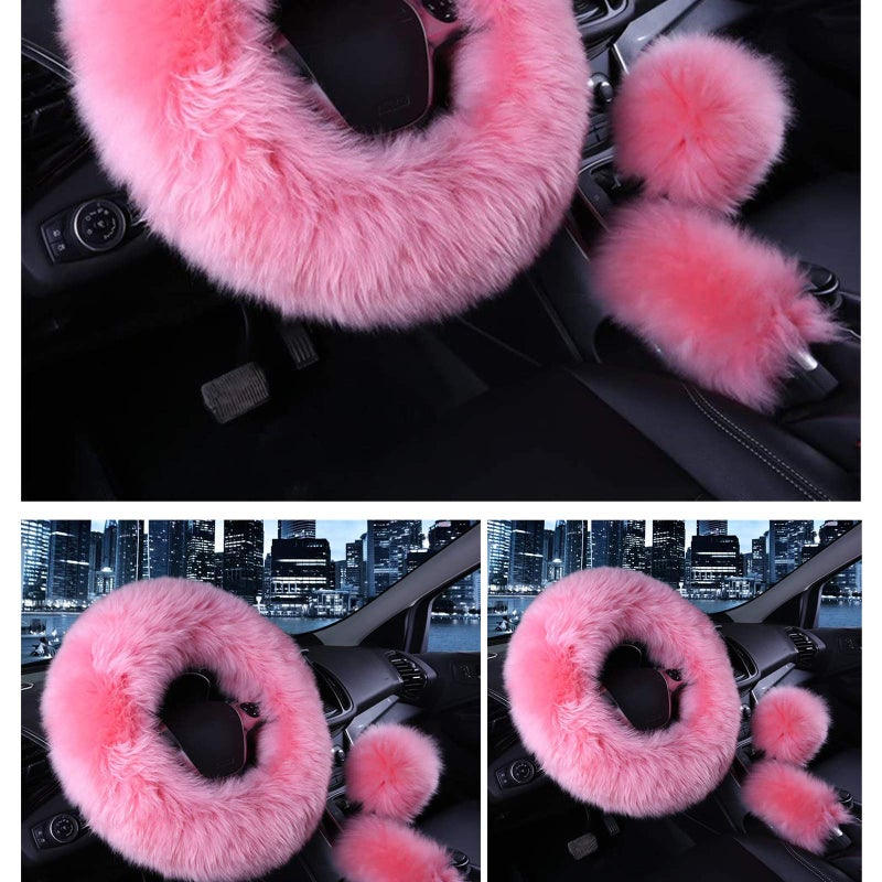 SPANICE 3 Pcs Car Steering Wheel Cover & Handbrake Cover & Gear Shift Cover Set Faux Wool Warm Winter (Pink) - Image 2